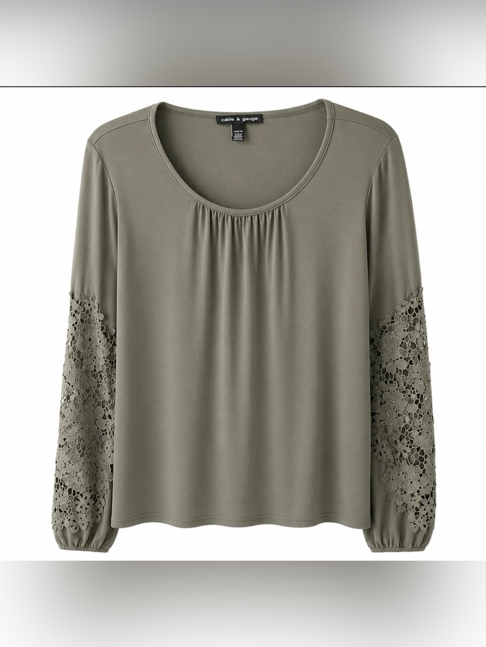 Cable & Gauge Sage Green Soft Knit Blouse with Lace Sleeve M Beautiful - Picture 2 of 6